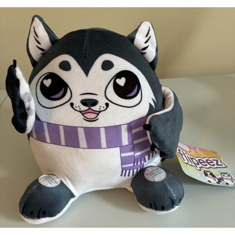 Flipeez Kira Husky Dog Plush Stuffed Animal Purple Scarf  8" NEW